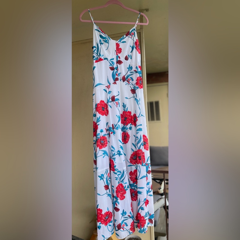 Bar III White Maxi Dress with Red and Blue Floral Pattern